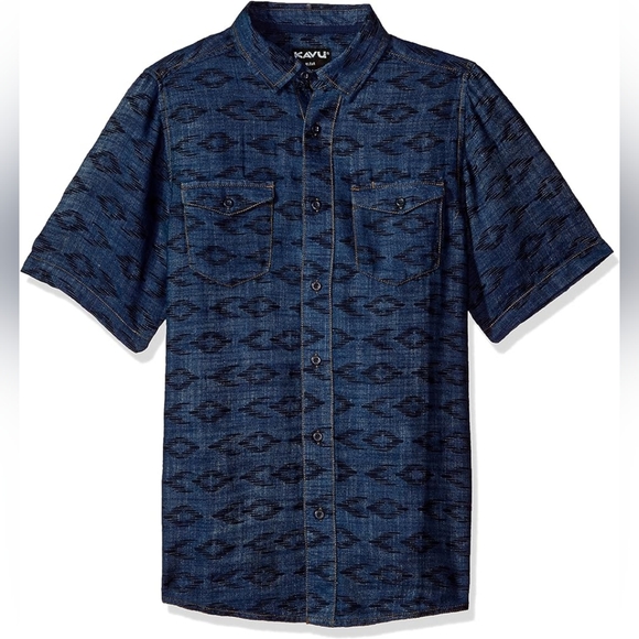 KAVU Prime Time Denim Short Sleeve Shirt Summer Lightweight Button Up Size S - Picture 2 of 11